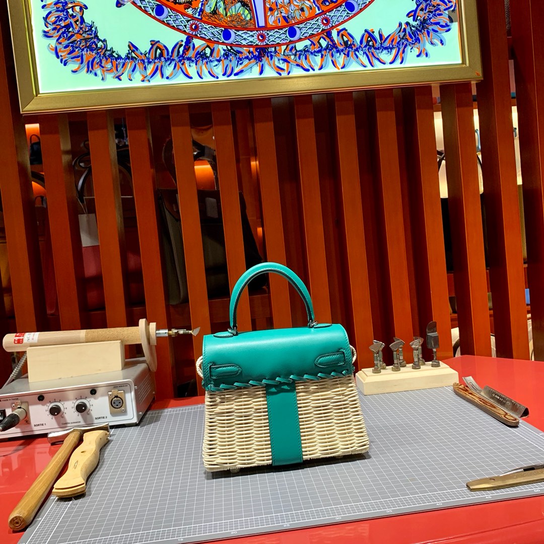 Hermes Kelly Picnic 20cm 爱马仕藤条系列野餐包凯莉包 孔雀蓝山羊皮 银扣