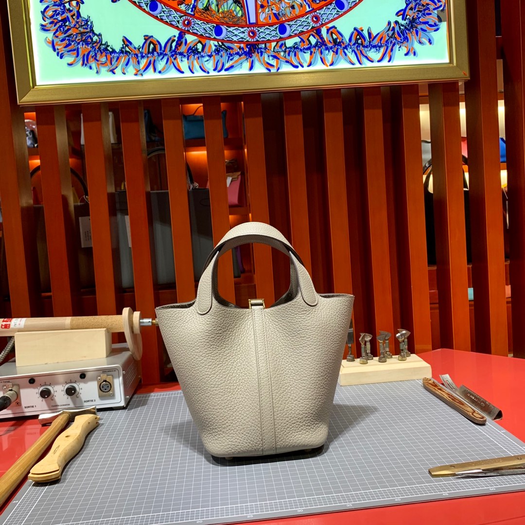 Hermes Picotin Lock18CM 爱马仕M80沥青灰牛皮菜篮子包 金扣/银扣