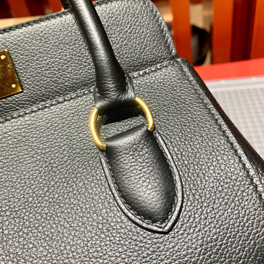 蜡线手工缝制 Hermes爱马仕进口Evercolor牛皮Toolbox盒子包20cm 黑色金扣