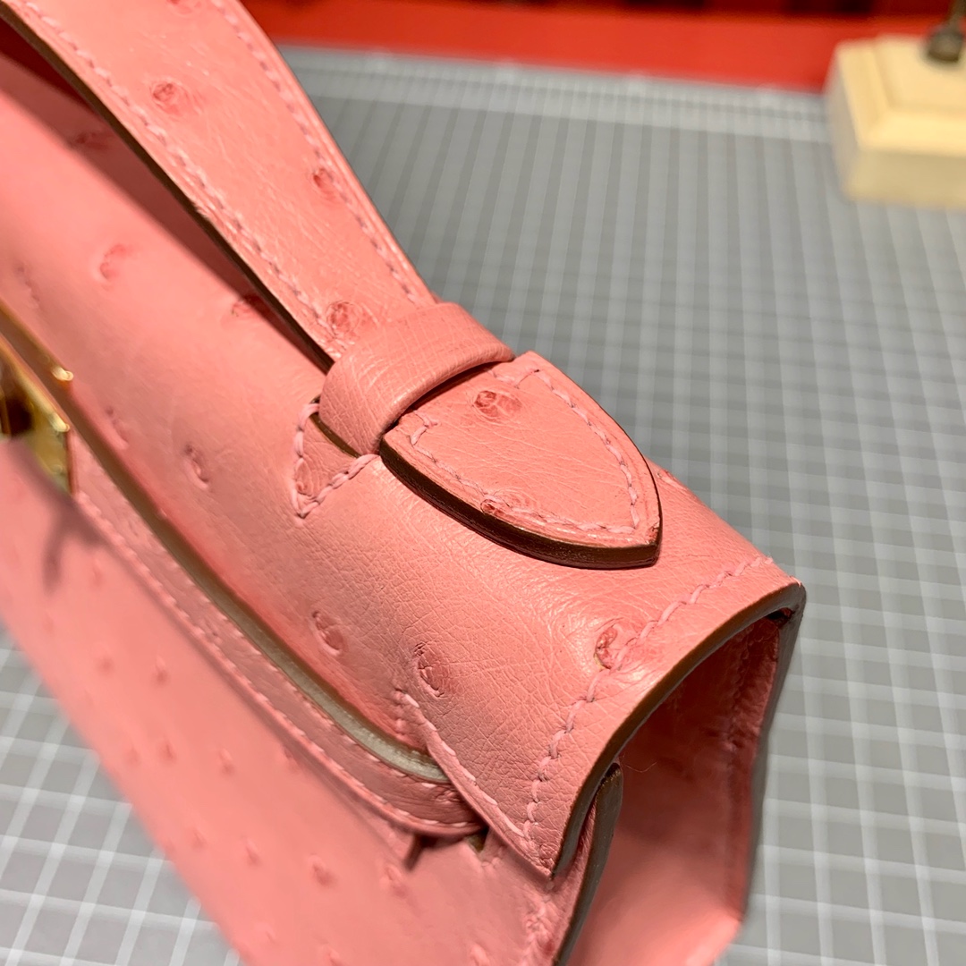 Hermes Minikelly22CM 爱马仕陶瓷粉顶级鸵鸟皮迷你凯莉包一代 金扣