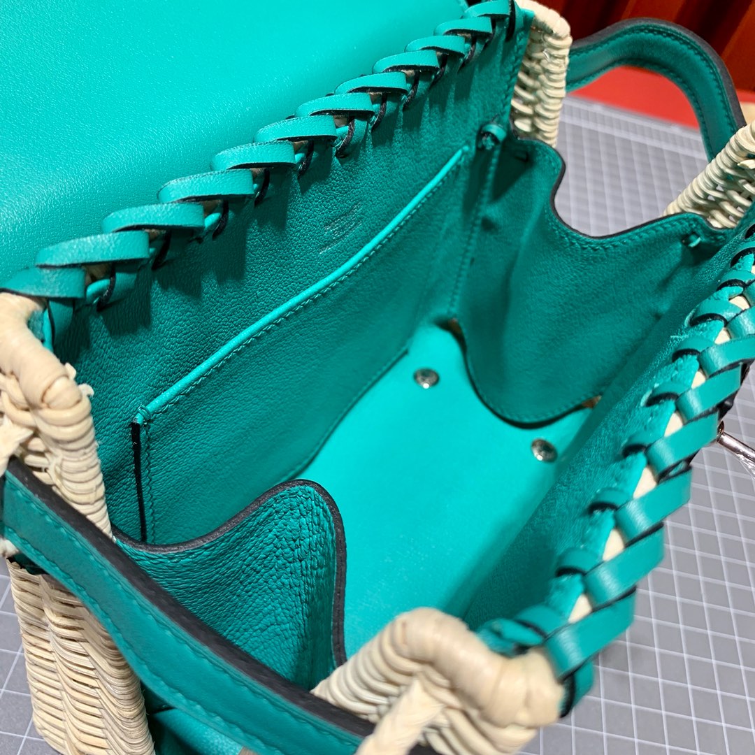 Hermes Kelly Picnic 20cm 爱马仕藤条系列野餐包凯莉包 孔雀蓝山羊皮 银扣