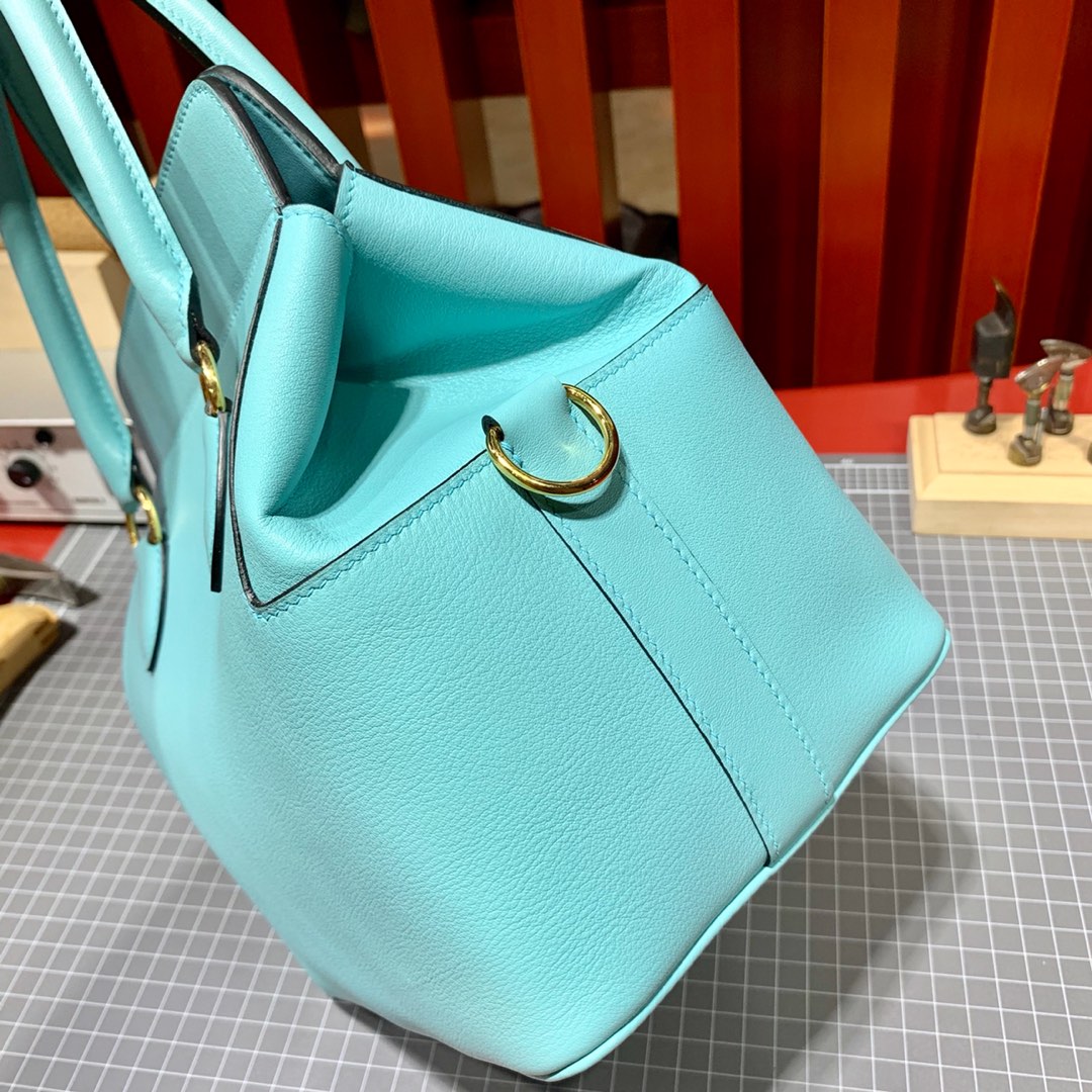 爱马仕Toolbox包包20CM 马卡龙蓝色顶级Swift牛皮盒子包手提包 金扣