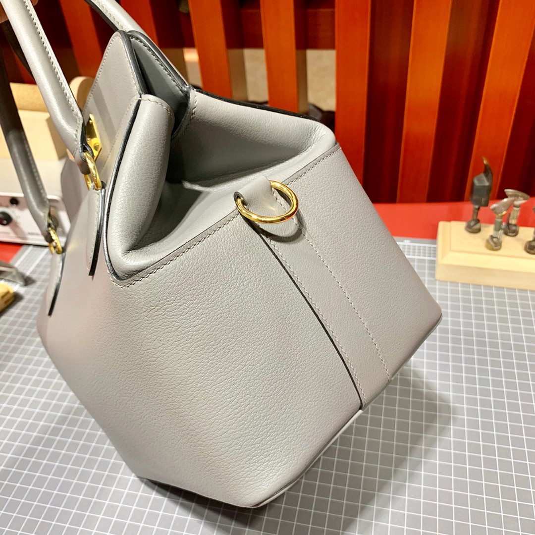 Hermes Toolbox20cm 爱马仕锡器灰进口Swift牛皮牛奶包盒子包 金扣