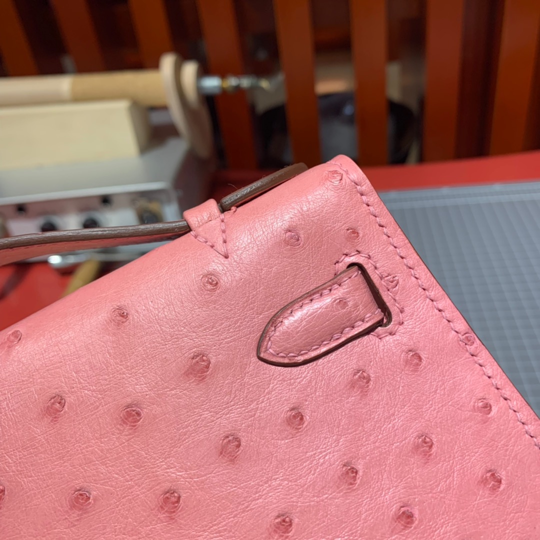 Hermes Minikelly22CM 爱马仕陶瓷粉顶级鸵鸟皮迷你凯莉包一代 金扣