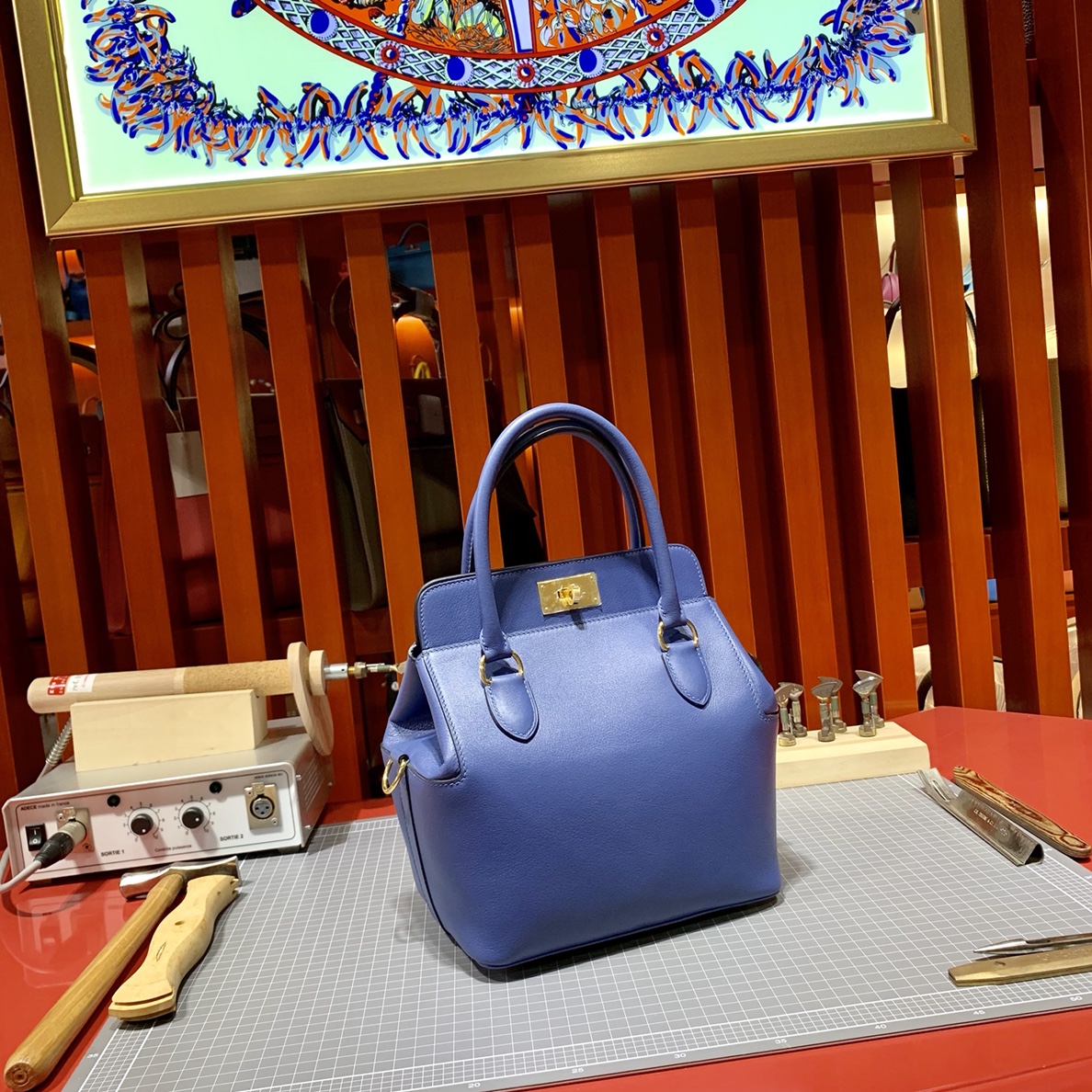 爱马仕女包批发 Hermes Toolbox20CM 明蓝色顶级Swift牛皮牛奶盒子包