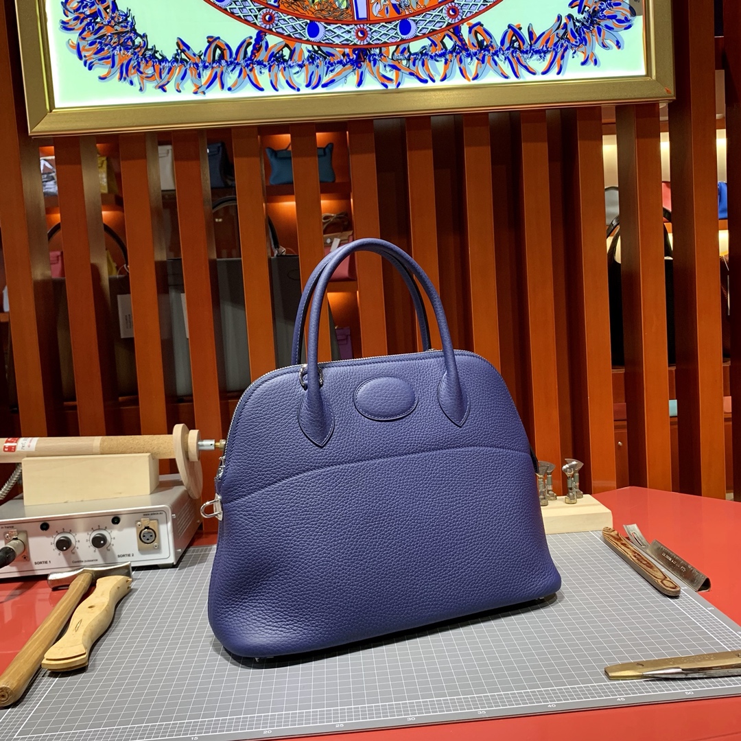 Hermes Bolide31CM 爱马仕宝石蓝Togo牛皮保龄球包手提女包 银扣