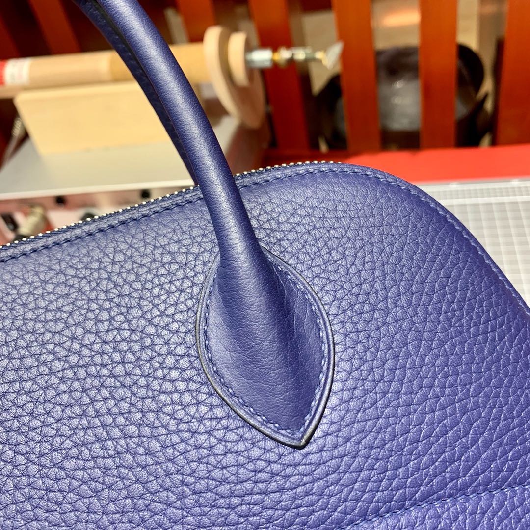 Hermes Bolide31CM 爱马仕宝石蓝Togo牛皮保龄球包手提女包 银扣