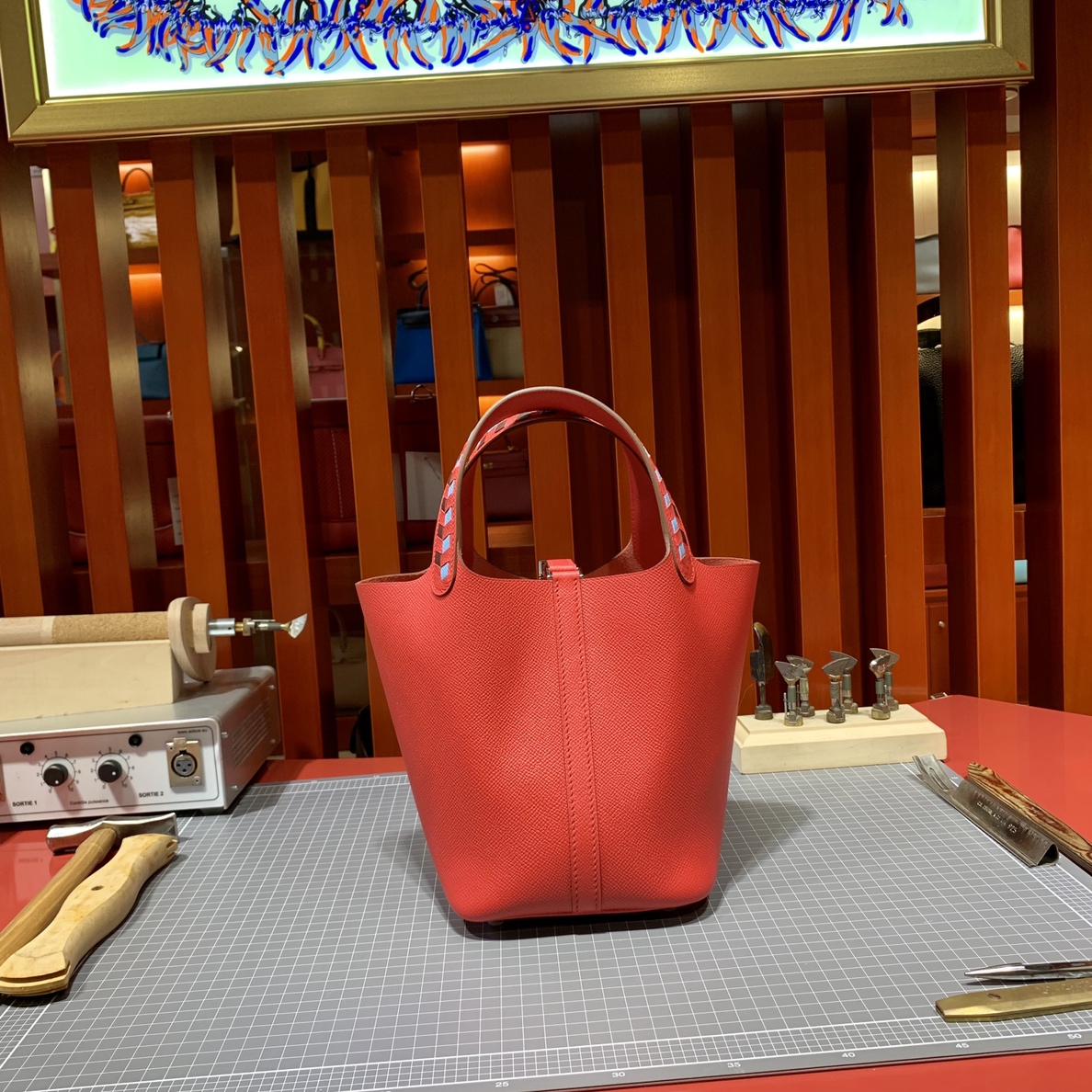 爱马仕编织手柄菜篮子包 Hermes Picotin18CM 心红色顶级Epsom皮 银扣