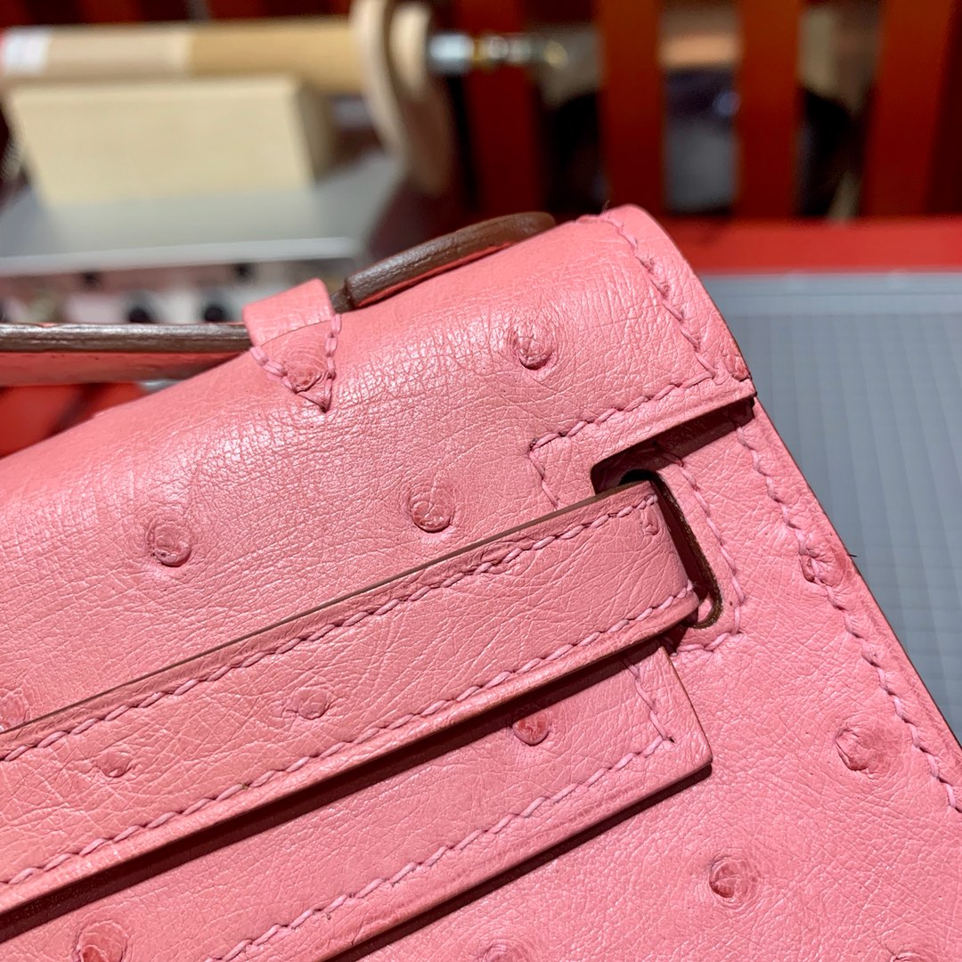 Hermes Minikelly22CM 爱马仕陶瓷粉顶级鸵鸟皮迷你凯莉包一代 金扣