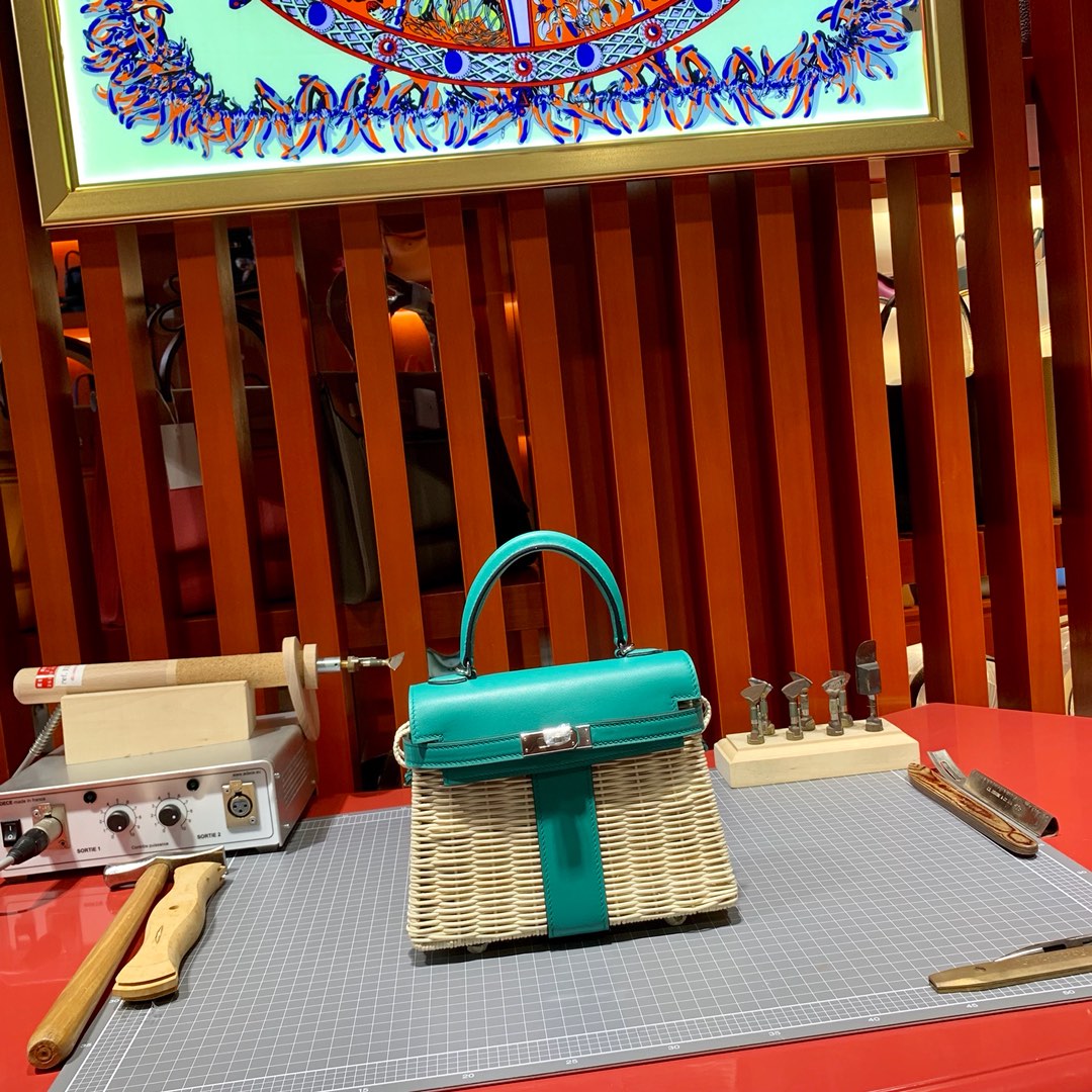 Hermes Kelly Picnic 20cm 爱马仕藤条系列野餐包凯莉包 孔雀蓝山羊皮 银扣
