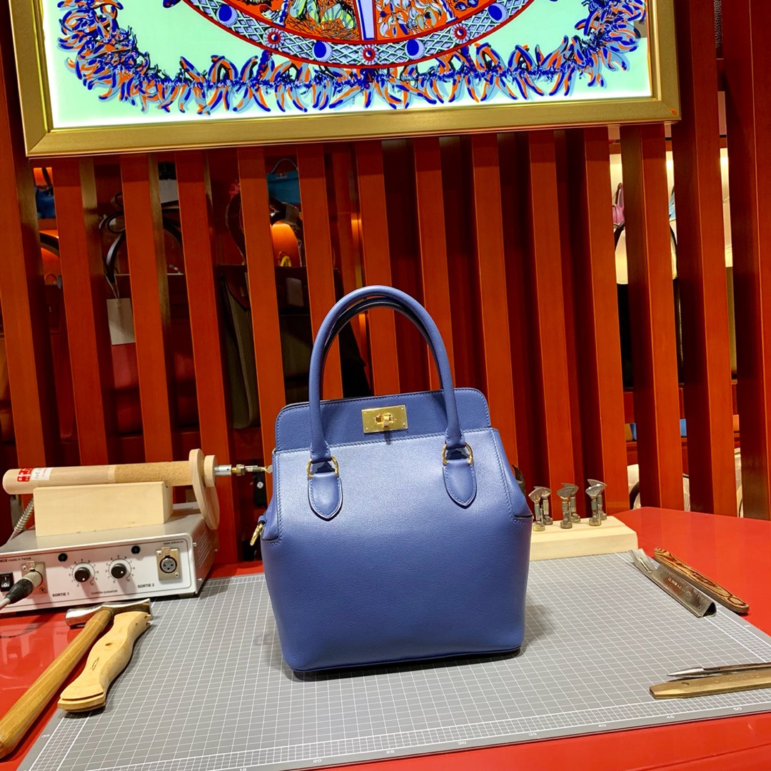 爱马仕女包批发 Hermes Toolbox20CM 明蓝色顶级Swift牛皮牛奶盒子包