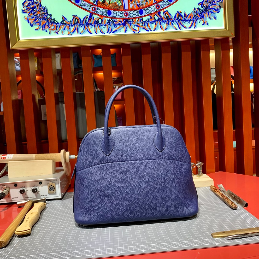 Hermes Bolide31CM 爱马仕宝石蓝Togo牛皮保龄球包手提女包 银扣