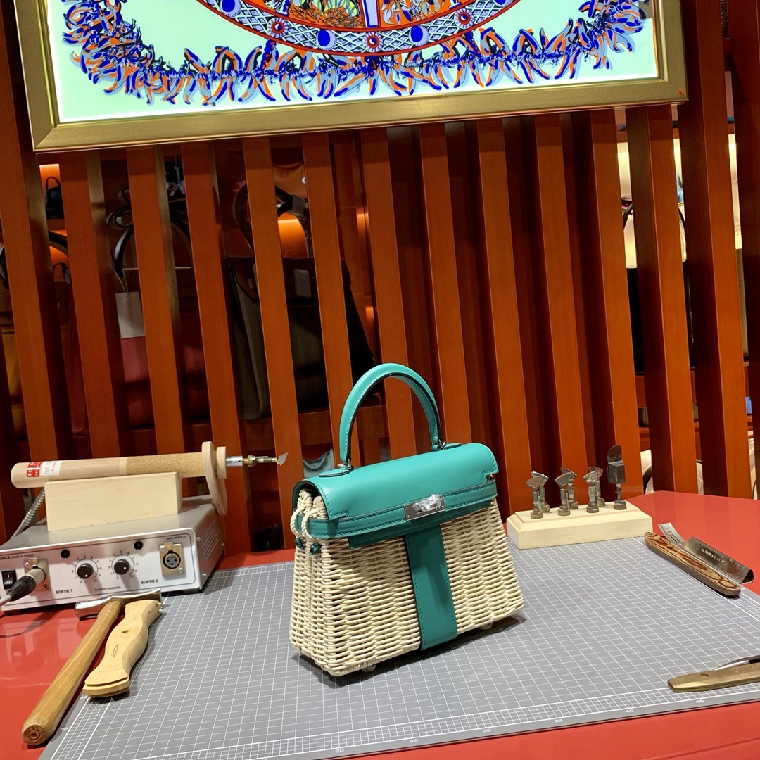 Hermes Kelly Picnic 20cm 爱马仕藤条系列野餐包凯莉包 孔雀蓝山羊皮 银扣