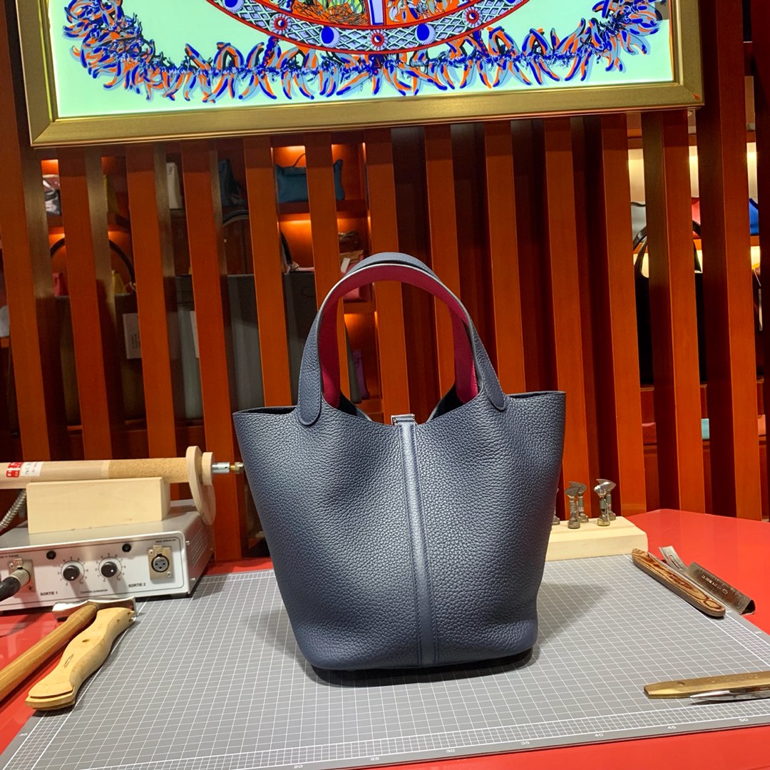 Hermes Picotin22CM 爱马仕午夜蓝Togo皮拼玫红色Swift皮水桶包手提女包