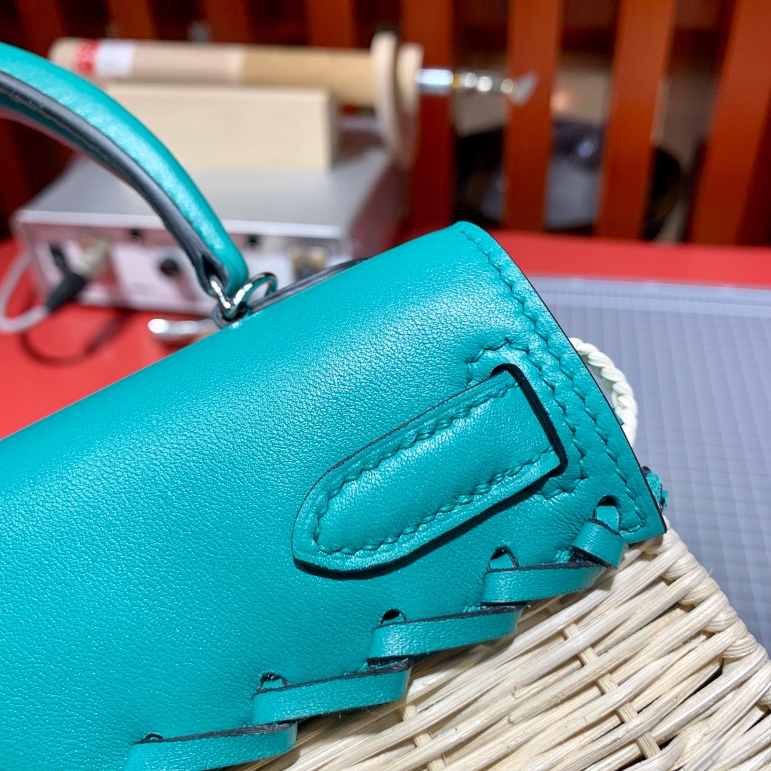 Hermes Kelly Picnic 20cm 爱马仕藤条系列野餐包凯莉包 孔雀蓝山羊皮 银扣