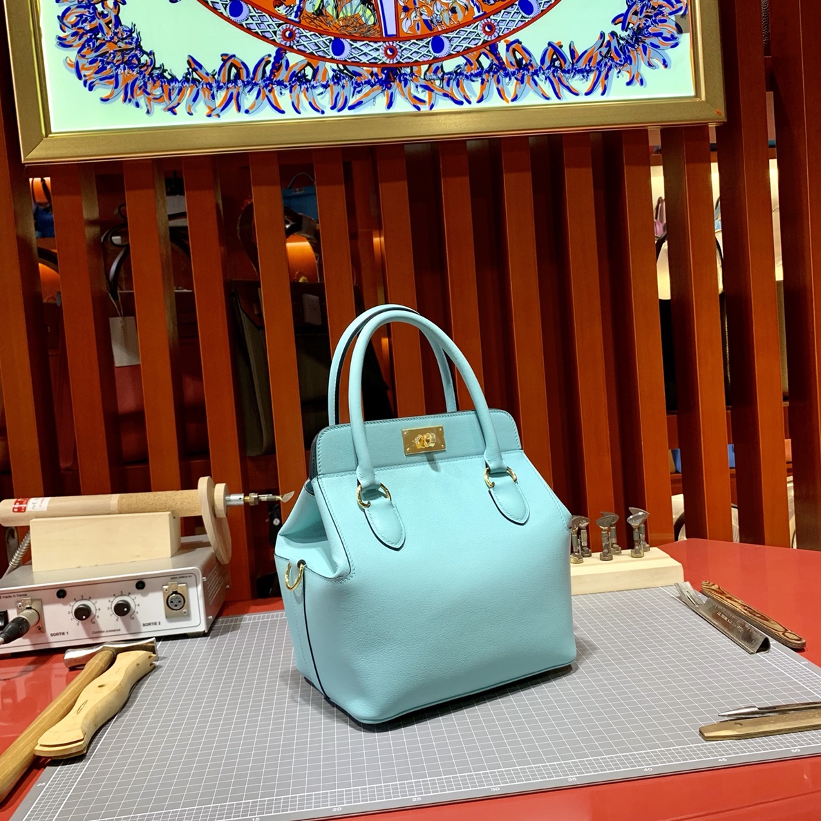 爱马仕Toolbox包包20CM 马卡龙蓝色顶级Swift牛皮盒子包手提包 金扣