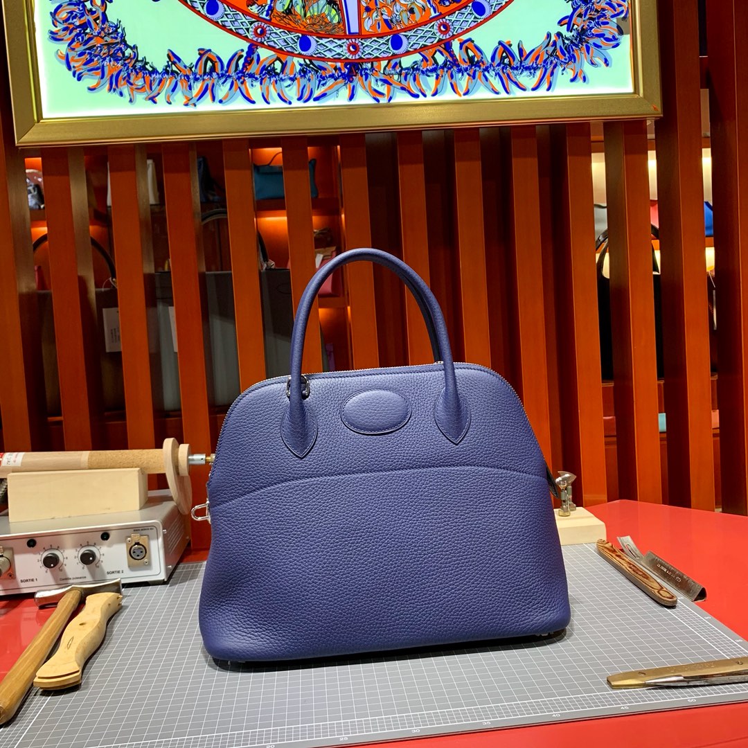 Hermes Bolide31CM 爱马仕宝石蓝Togo牛皮保龄球包手提女包 银扣