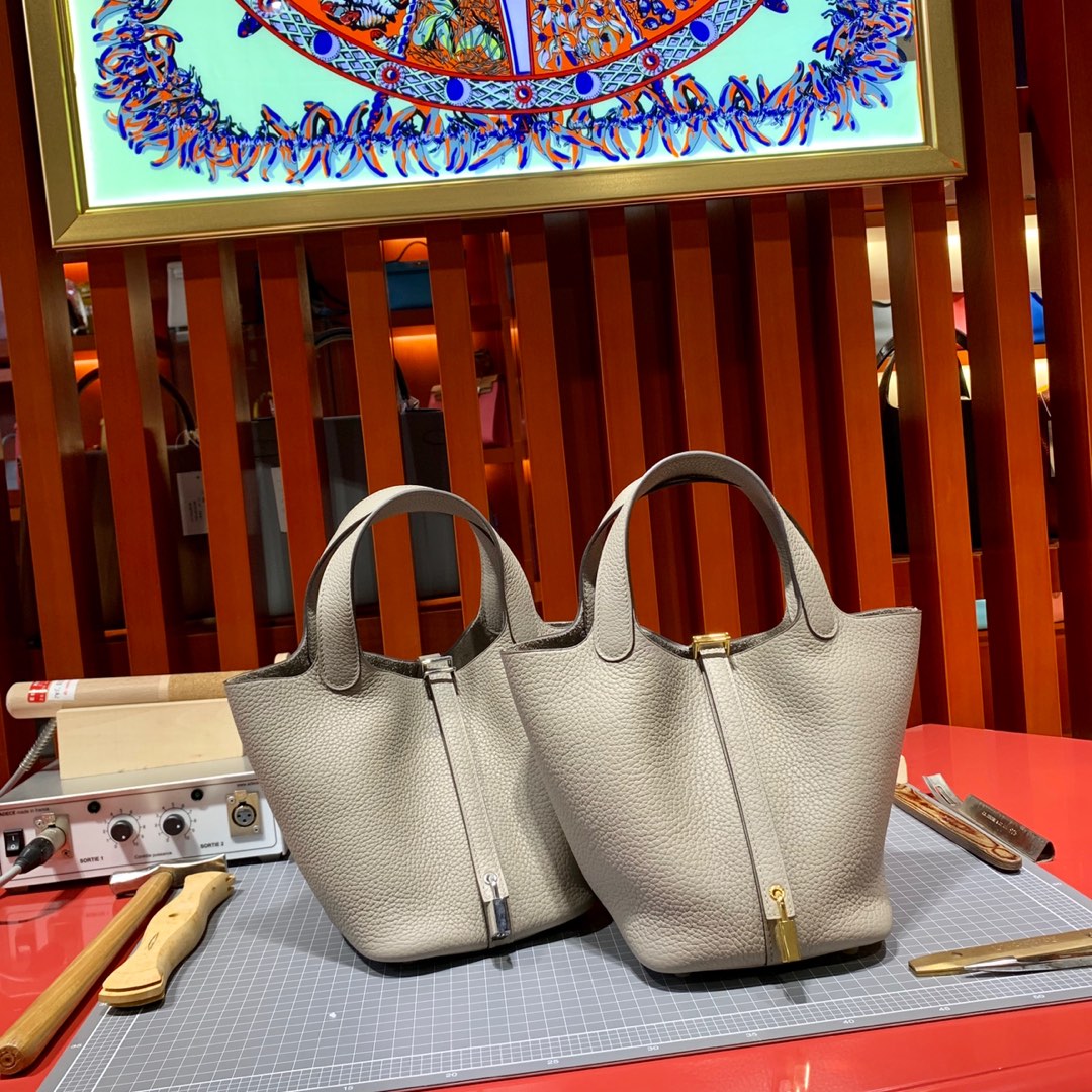 Hermes Picotin Lock18CM 爱马仕M80沥青灰牛皮菜篮子包 金扣/银扣