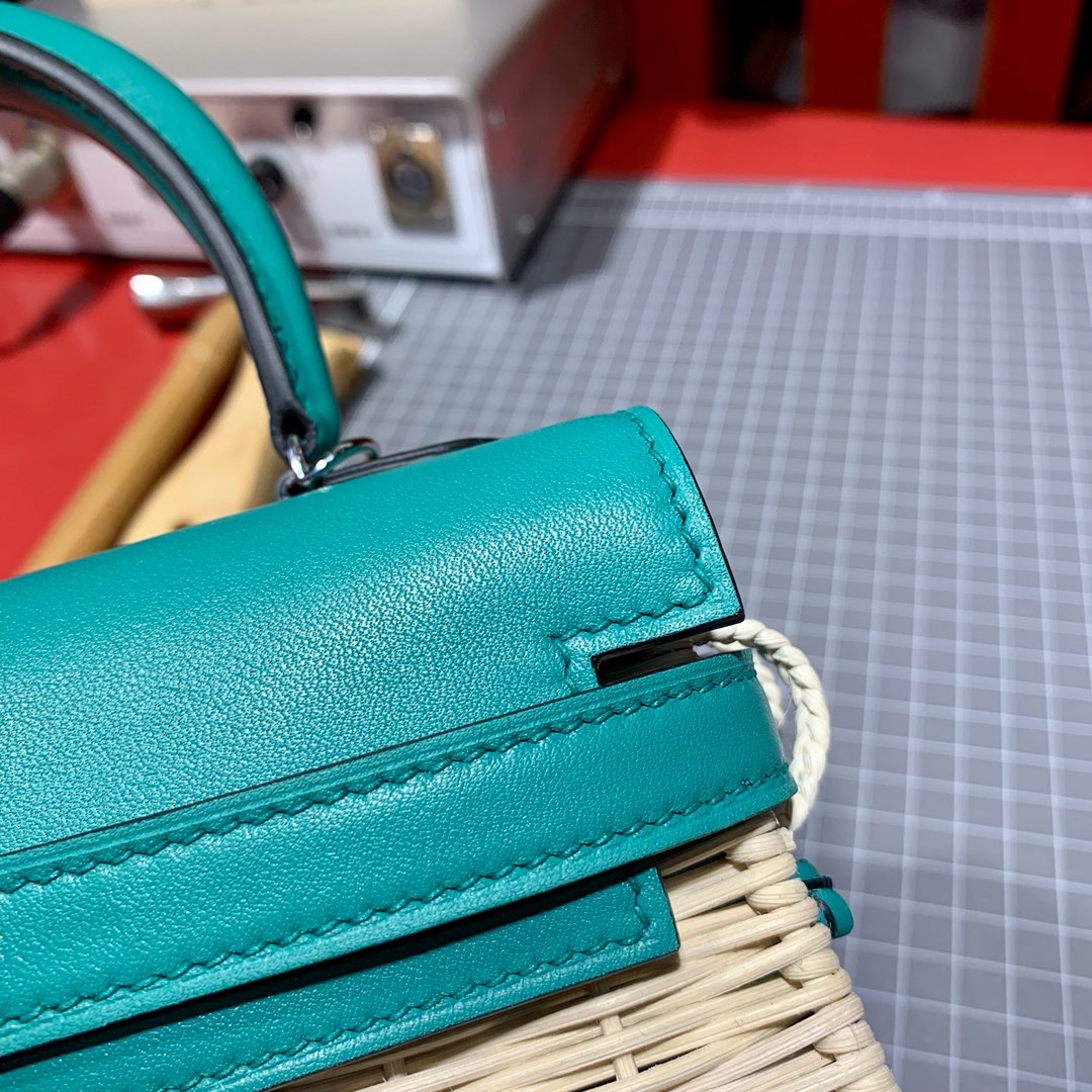 Hermes Kelly Picnic 20cm 爱马仕藤条系列野餐包凯莉包 孔雀蓝山羊皮 银扣