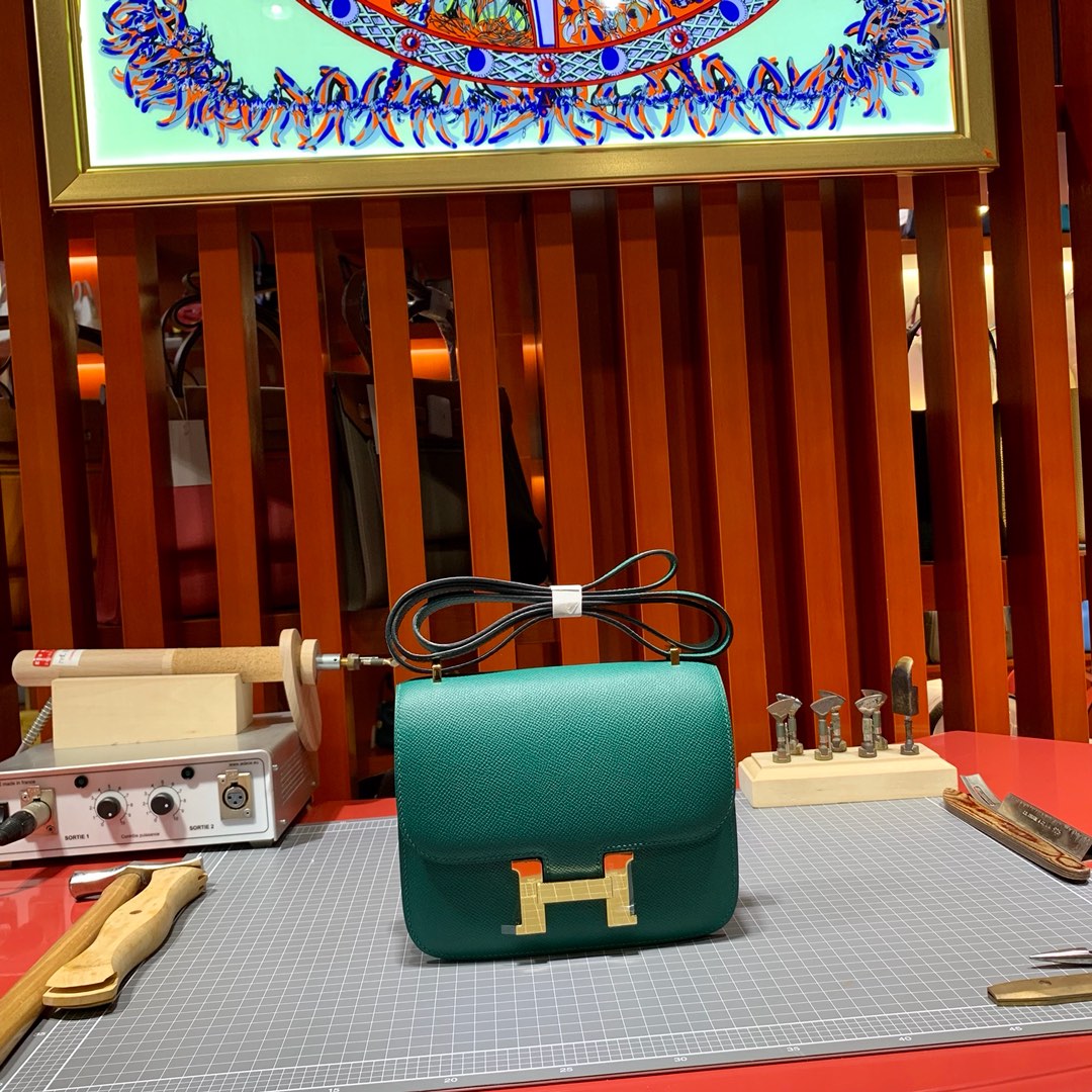 Hermes空姐包批发 爱马仕孔雀绿Epsom掌纹牛皮康斯坦包19cm 金扣