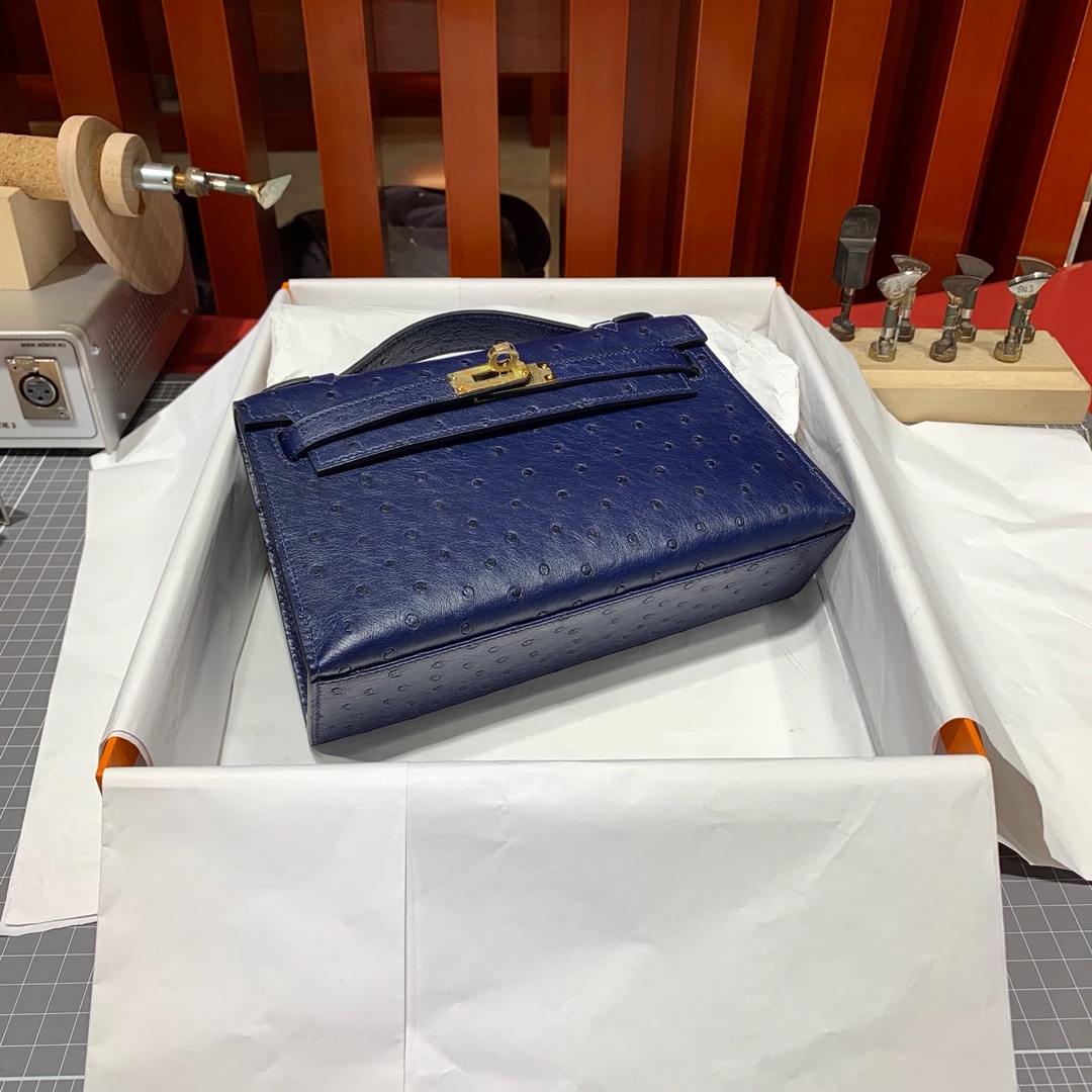 现货 Hermes Minikelly22CM 爱马仕宝石蓝顶级鸵鸟皮迷你凯莉包 金扣