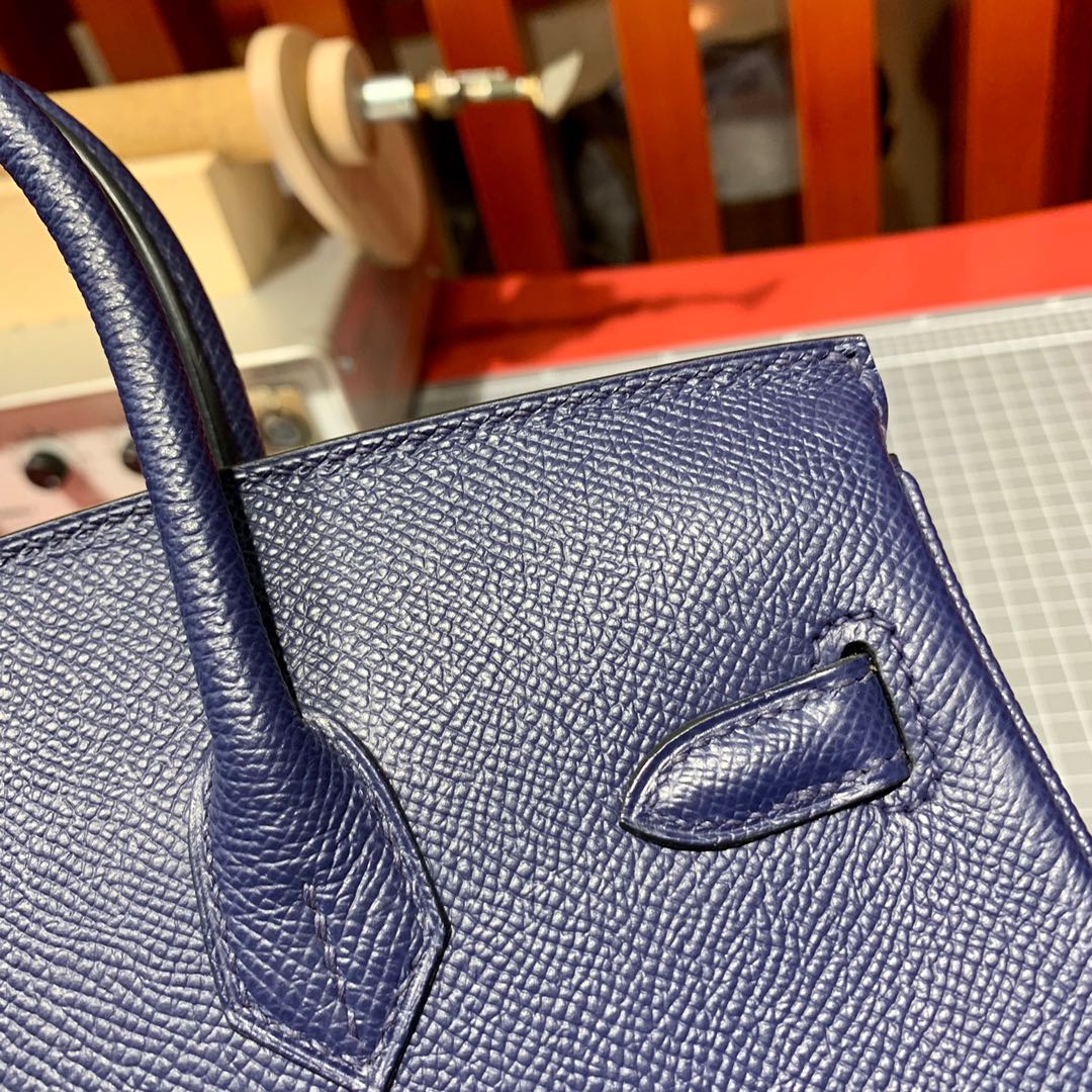 现货 Hermes Birkin25CM 爱马仕宝石蓝手掌纹牛皮铂金包 金扣