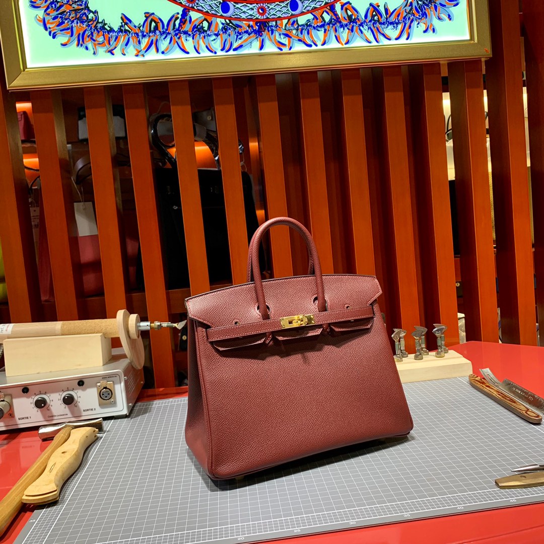 爱马仕铂金包批发 Hermes波尔多酒红Epsom皮Birkin25CM 金银扣