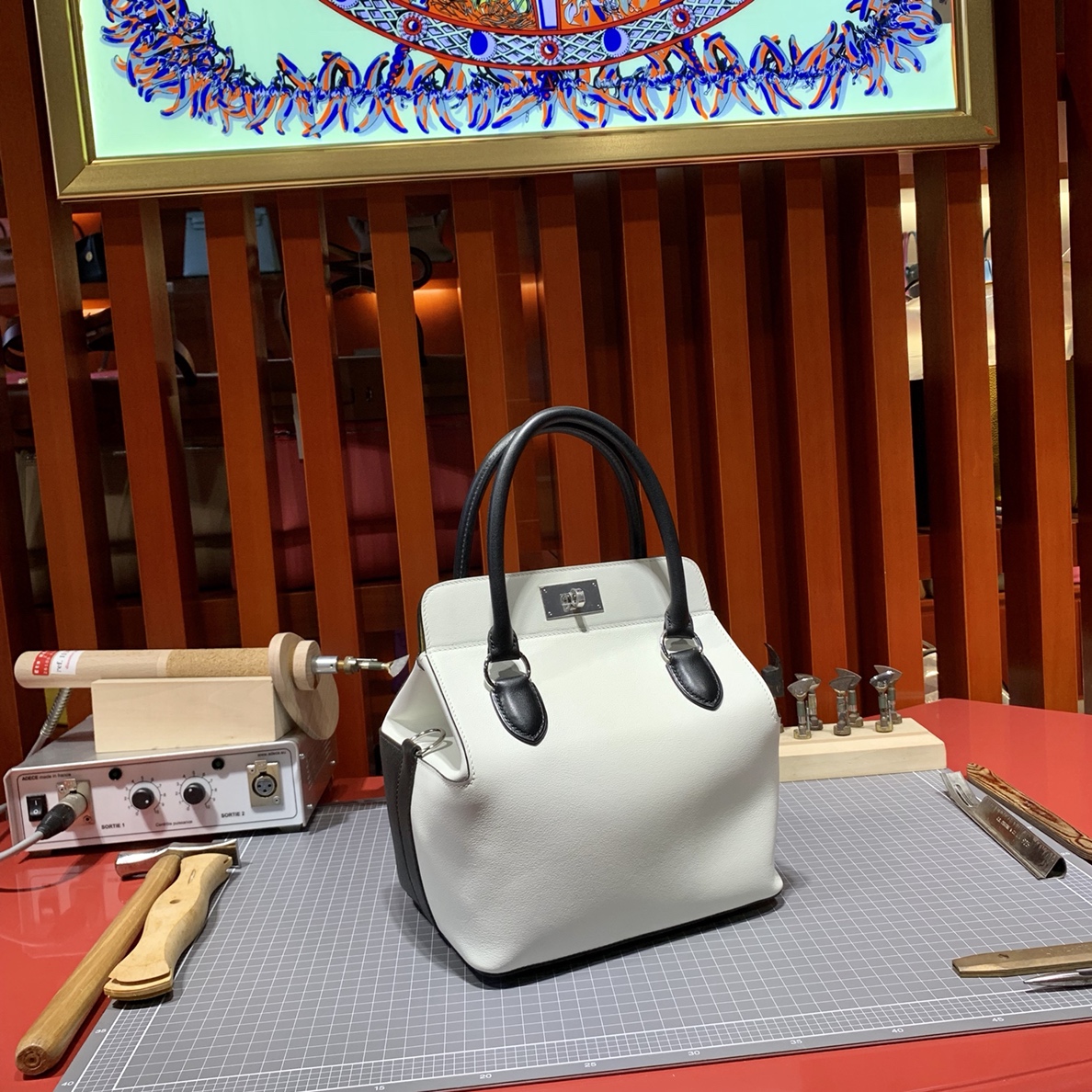 爱马仕拼色牛奶包 Hermes Toolbox20cm 三拼色进口Swift皮 银扣