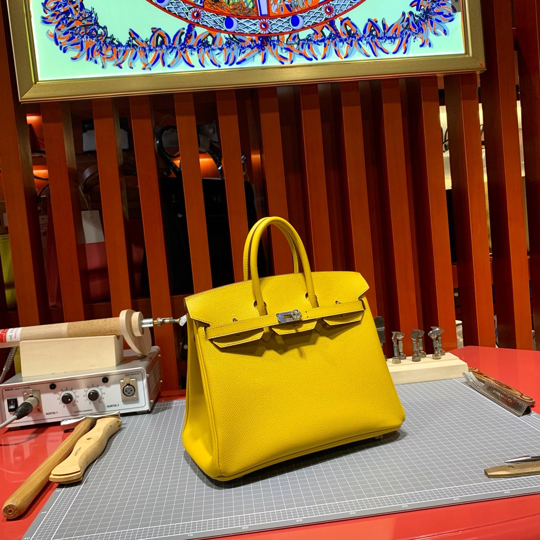 Hermes Birkin25CM 爱马仕琥珀黄Epsom皮铂金包 金银扣
