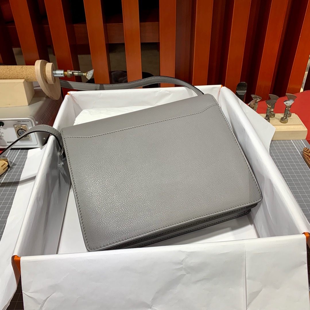 爱马仕猪鼻子包批发 Hermes Roulis24CM 铁灰色Evercolor皮 银扣