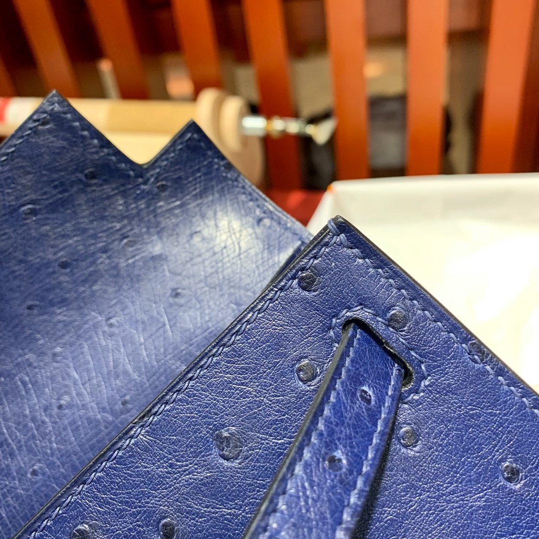 现货 Hermes Minikelly22CM 爱马仕宝石蓝顶级鸵鸟皮迷你凯莉包 金扣