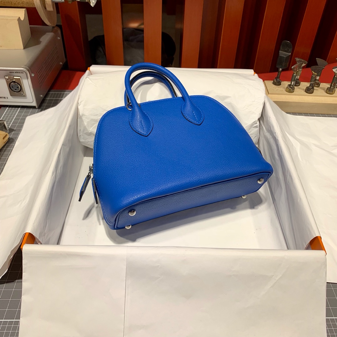 爱马仕Mini Bolide18CM Hermes希腊蓝法国Evercolor皮迷你保龄球包 银扣