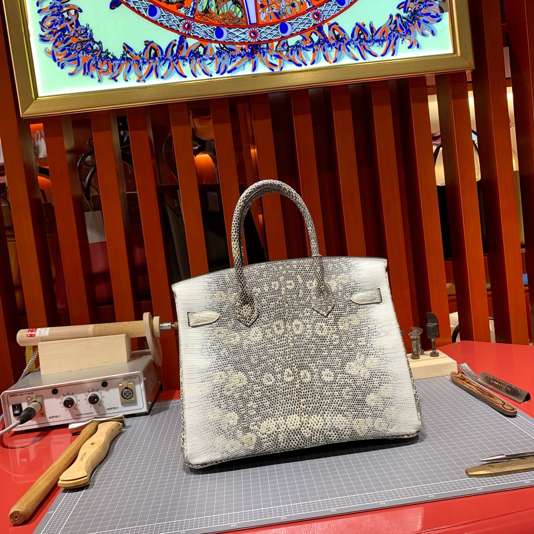 爱马仕铂金包价格 Hermes喜马拉雅色蜥蜴皮手工缝制Birkin30CM 银扣