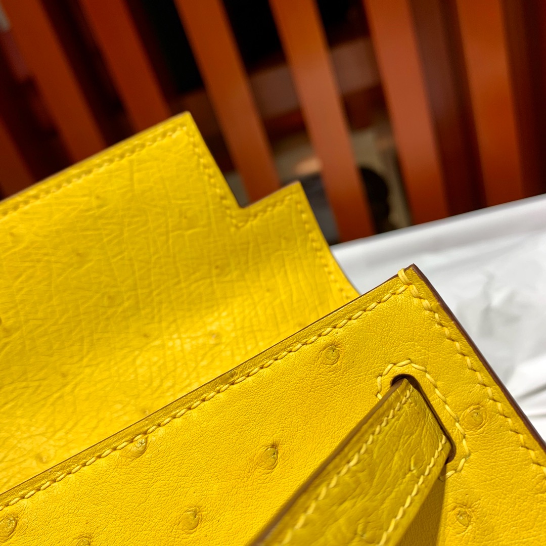 现货 爱马仕迷你凯莉包价格 Hermes Minikelly22CM 琥珀黄顶级鸵鸟皮 金扣