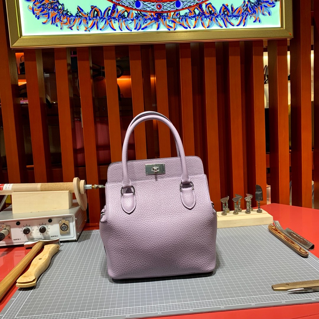 Hermes Toolbox20CM 爱马仕芋头紫togo皮牛奶包手提单肩包 银扣