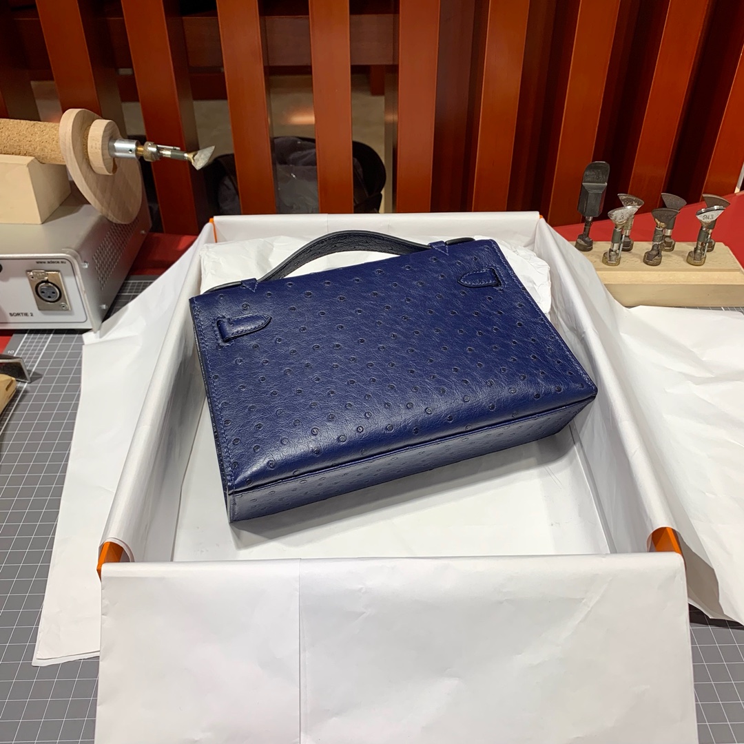 现货 Hermes Minikelly22CM 爱马仕宝石蓝顶级鸵鸟皮迷你凯莉包 金扣