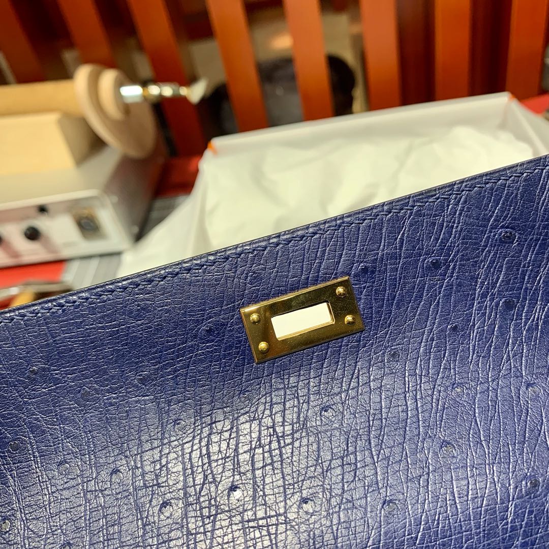 现货 Hermes Minikelly22CM 爱马仕宝石蓝顶级鸵鸟皮迷你凯莉包 金扣