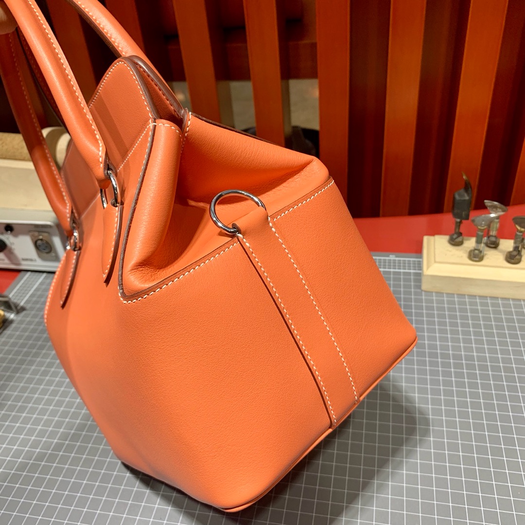 Hermes经典女包 爱马仕Swift皮牛奶包toolbox20cm 龙虾粉 金银扣