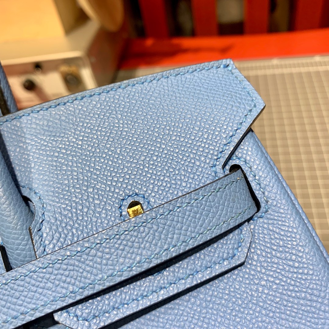 现货 爱马仕铂金包价格 Hermes Birkin25CM 天堂蓝手掌纹牛皮 金扣