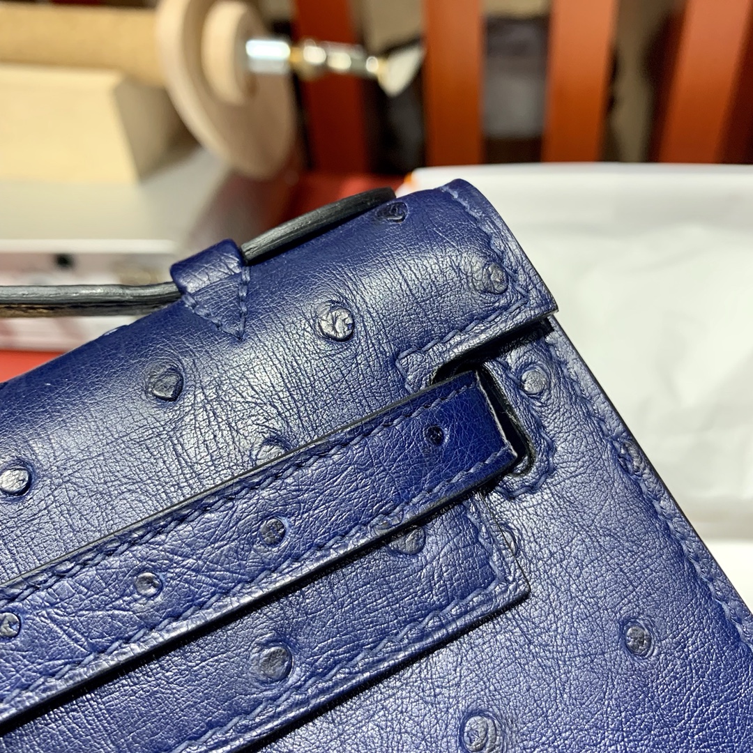 现货 Hermes Minikelly22CM 爱马仕宝石蓝顶级鸵鸟皮迷你凯莉包 金扣