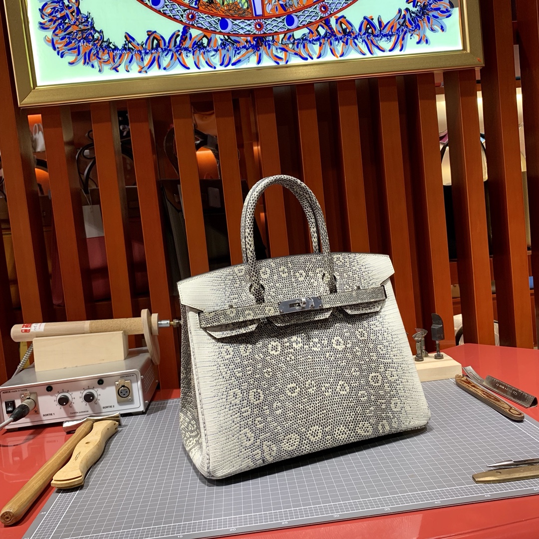 爱马仕铂金包价格 Hermes喜马拉雅色蜥蜴皮手工缝制Birkin30CM 银扣