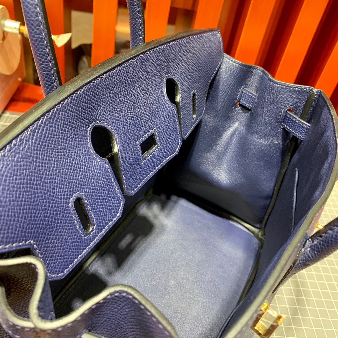 现货 Hermes Birkin25CM 爱马仕宝石蓝手掌纹牛皮铂金包 金扣