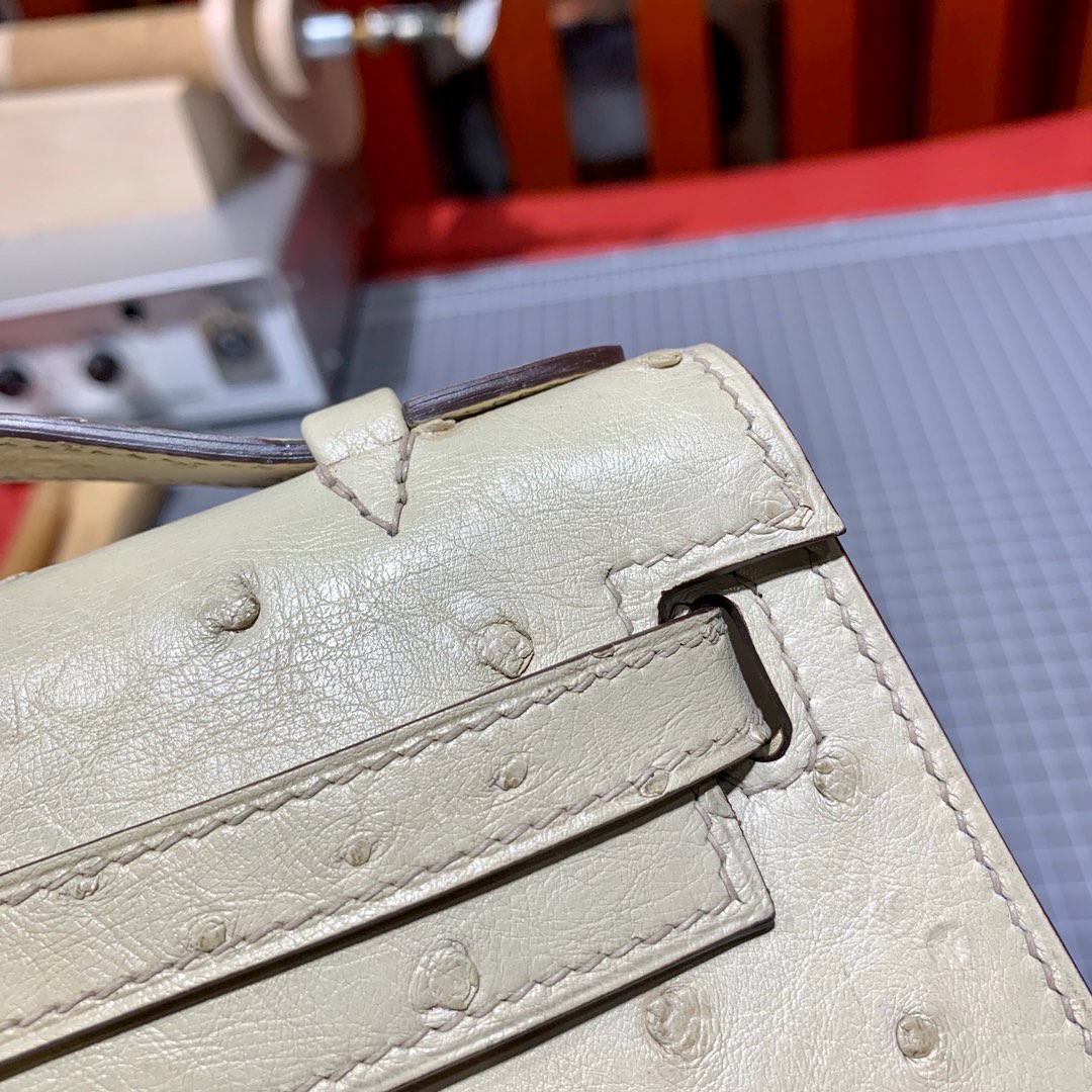 Hermes Minikelly Pochette22cm 爱马仕羊毛白鸵鸟皮迷你凯莉包 金扣
