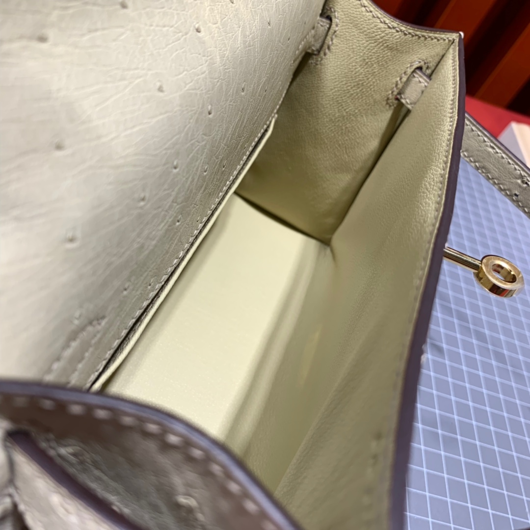 Hermes Minikelly Pochette22cm 爱马仕羊毛白鸵鸟皮迷你凯莉包 金扣