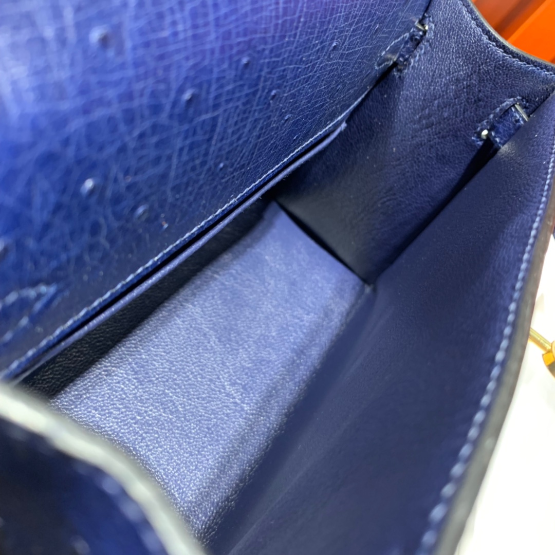 现货 Hermes Minikelly22CM 爱马仕宝石蓝顶级鸵鸟皮迷你凯莉包 金扣