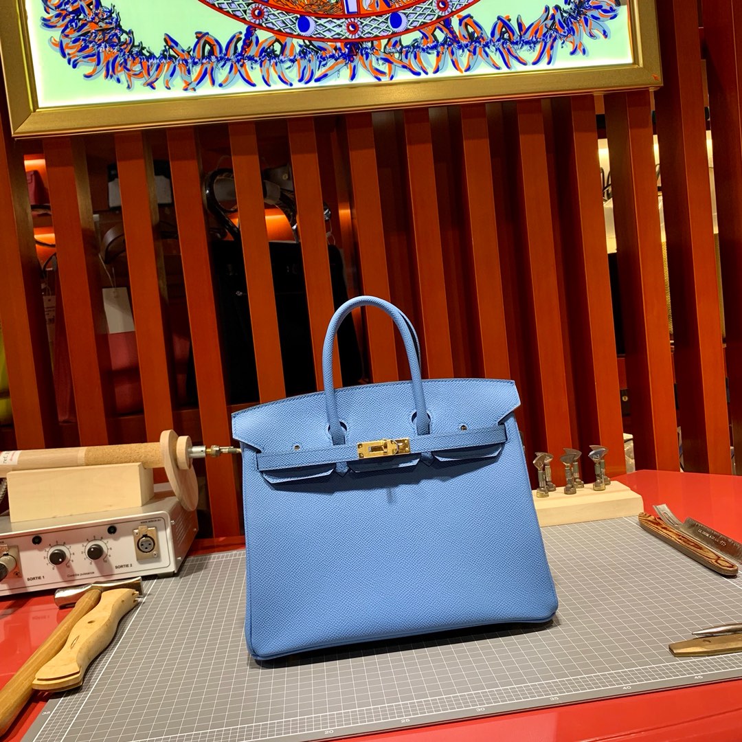 现货 爱马仕铂金包价格 Hermes Birkin25CM 天堂蓝手掌纹牛皮 金扣
