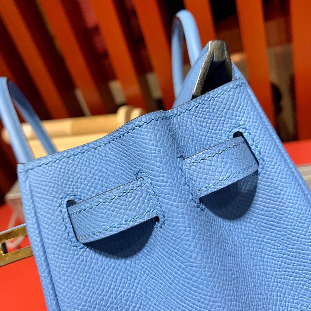 现货 爱马仕铂金包价格 Hermes Birkin25CM 天堂蓝手掌纹牛皮 金扣
