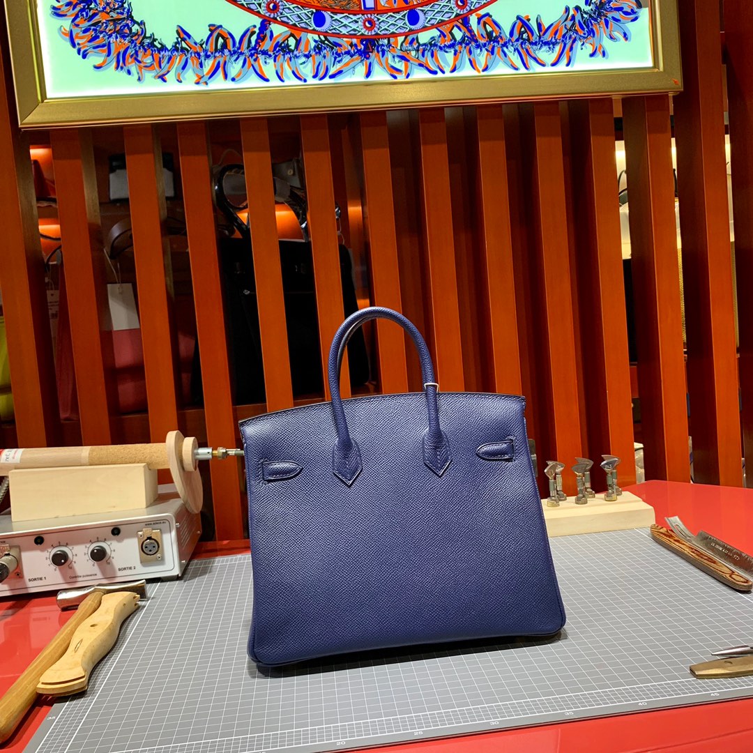 现货 Hermes Birkin25CM 爱马仕宝石蓝手掌纹牛皮铂金包 金扣