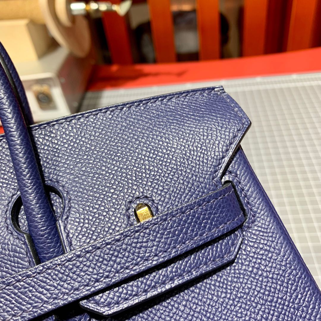 现货 Hermes Birkin25CM 爱马仕宝石蓝手掌纹牛皮铂金包 金扣