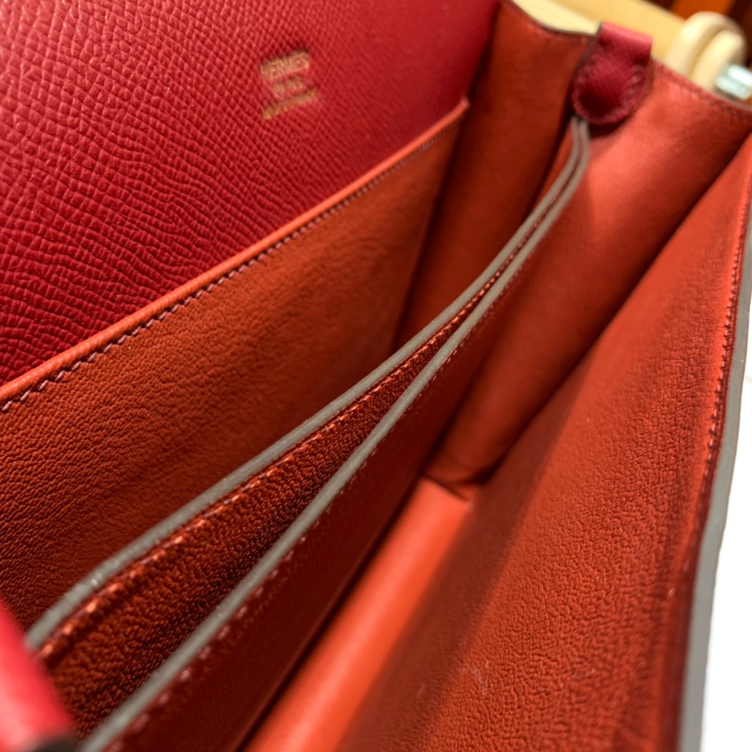Hermes Roulis24CM 爱马仕宝石红原厂Epsom皮猪鼻子包斜挎女包 金扣